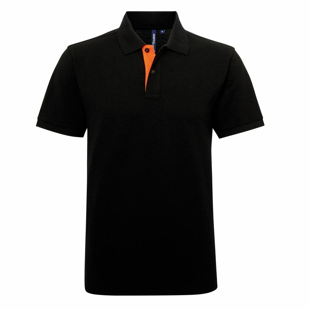 The Asquith & Fox AQ012 is a black polo shirt featuring a contrasting orange placket, showcased on a white background.