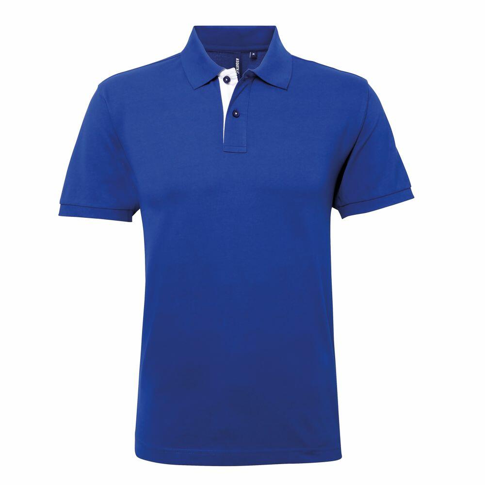An Asquith & Fox blue polo shirt with a white placket and black buttons, known as product AQ012.