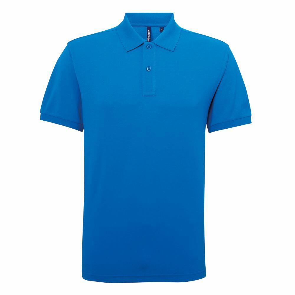 The Asquith & Fox AQ015, a blue polo shirt featuring short sleeves and a button-down collar, is displayed against a white background.