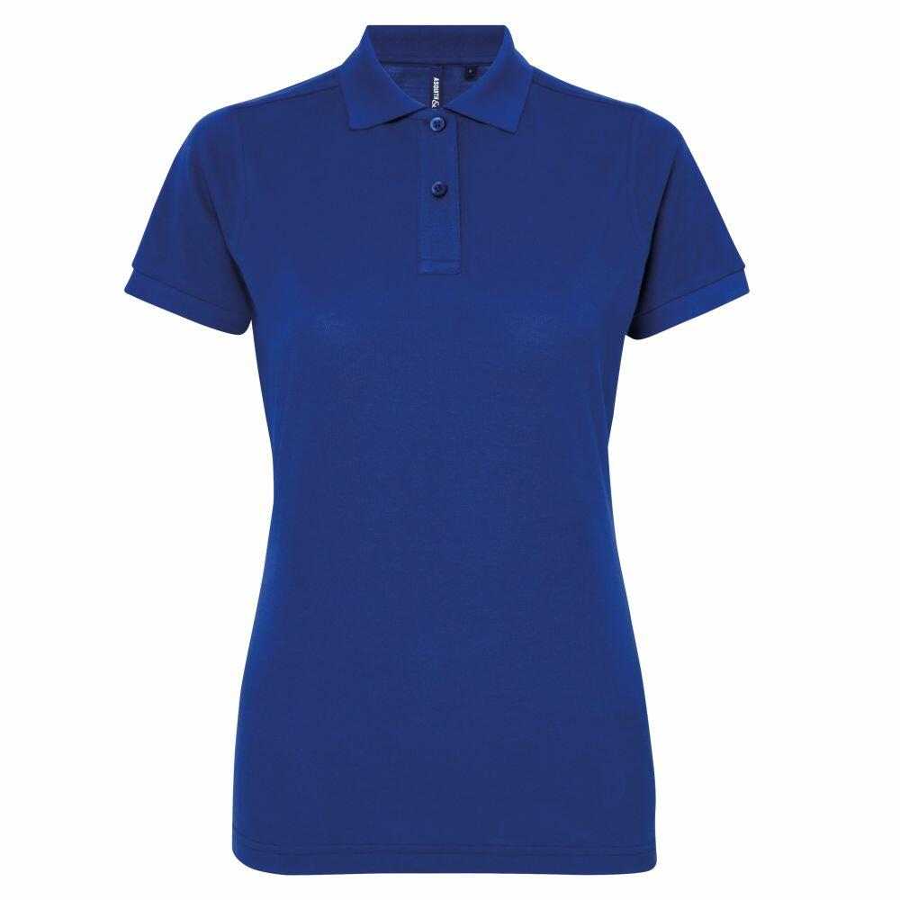 A simple blue short-sleeved polo shirt by Asquith & Fox (Model: AQ025) features a collared design with three buttons on the front, presented against a white backdrop.
