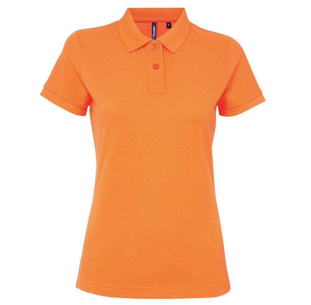 Introducing the Asquith & Fox AQ025: a vibrant orange polo shirt, designed with short sleeves and a classic collar. This stylish piece features a three-button placket and is showcased against a simple white background.