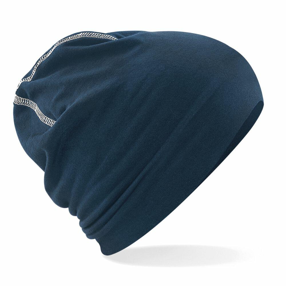 A Beechfield BC366 dark blue beanie featuring a seam design on the side.