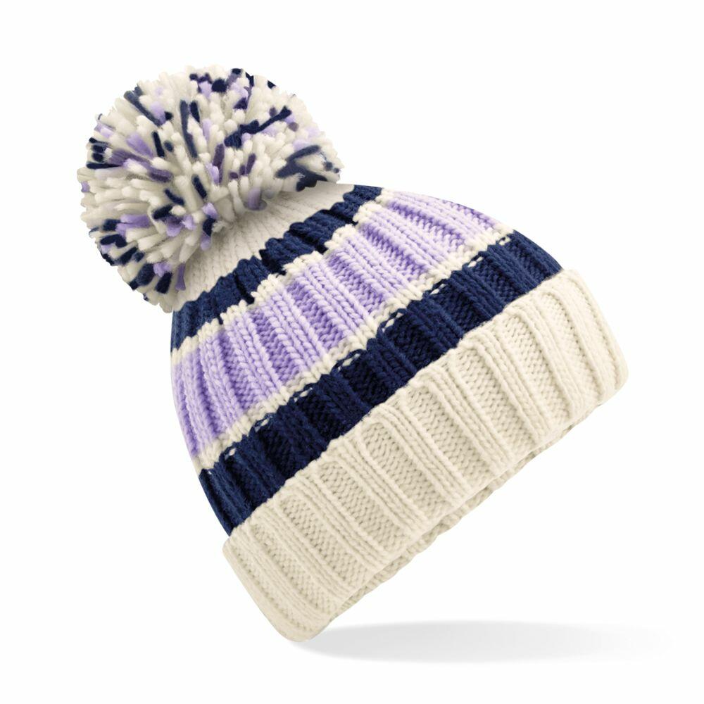 Beechfield's BC392 is a knitted beanie with a pom-pom, showcasing horizontal stripes in white, lavender, and navy blue.