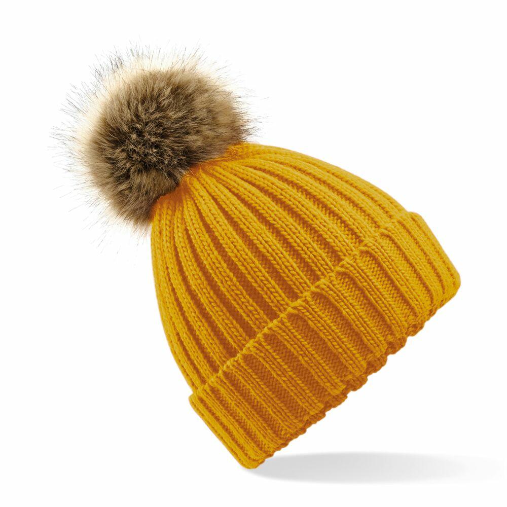 Introducing the BC412 by Beechfield: A yellow knitted beanie featuring a ribbed texture and adorned with a fluffy brown pom-pom on top, beautifully showcased against a white background.