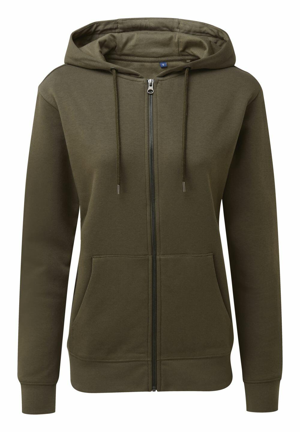 The product AQ081 by Asquith & Fox is an olive green zip-up hoodie featuring a front zipper, two pockets, and a drawstring hood, showcased on a plain white background.
