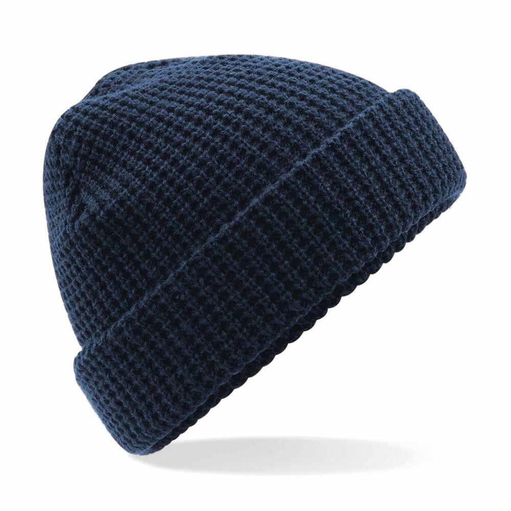 Beechfield BC422 is a waffle-knit beanie in navy blue featuring a folded brim.