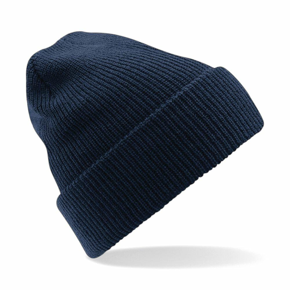 The Beechfield BC425 is displayed against a white background, showcasing a navy blue knit design with a folded brim. The beanie looks soft and warm, making it ideal for cold weather.