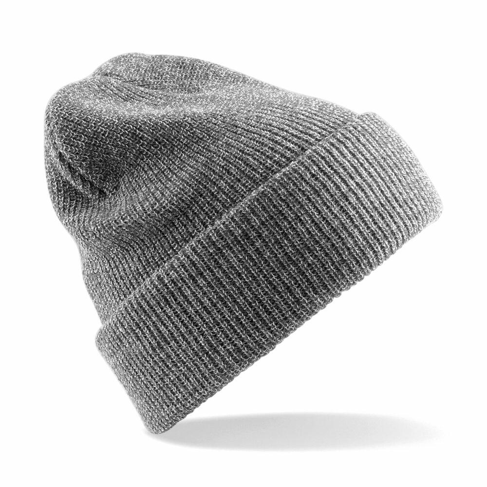 The Beechfield BC425 is a gray, knitted beanie featuring a folded cuff. It is showcased against a white background, with the hat slightly tilted to cast a subtle shadow.