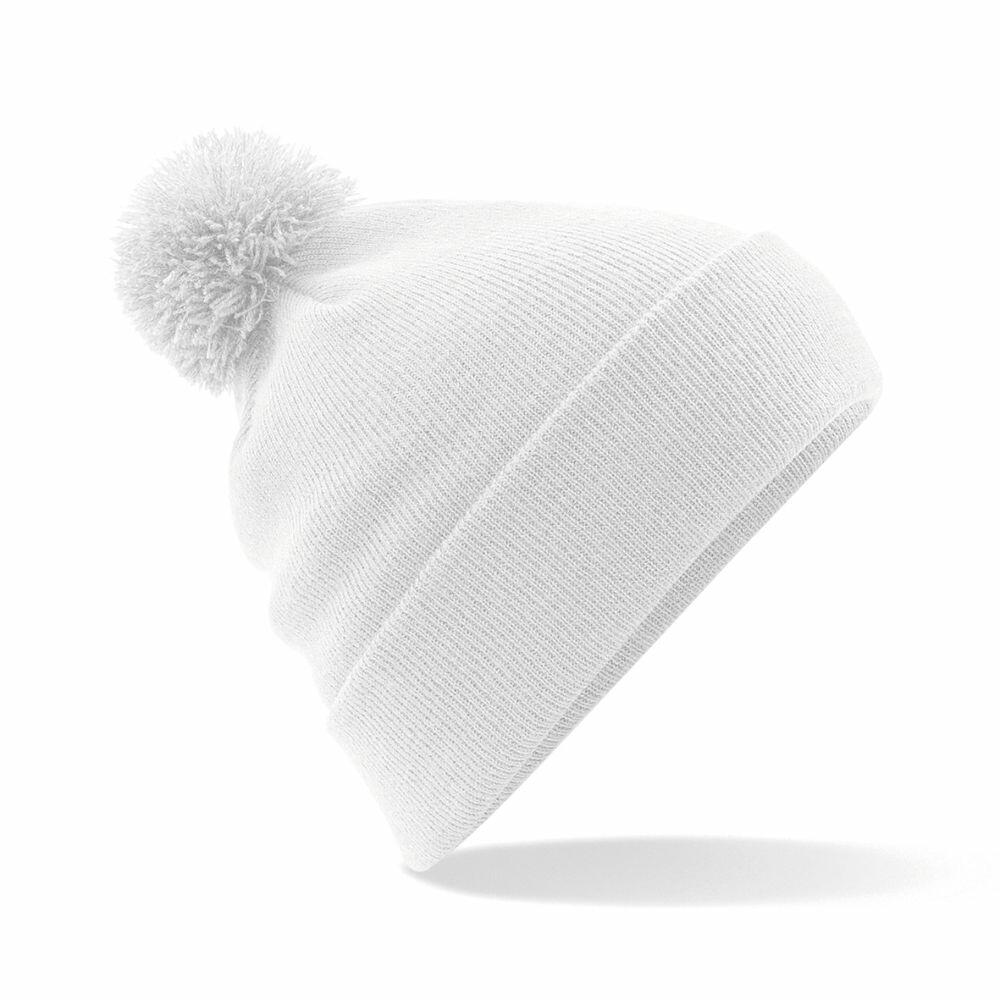 Beechfield's BC426 features a white knit beanie with a pom-pom on top, showcased against a simple white background. The beanie is angled to emphasize its texture and minimalist design.