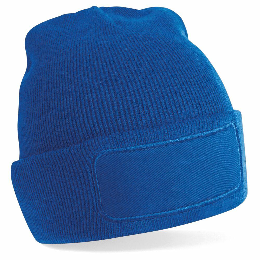 A Beechfield BC445, a vibrant blue knitted beanie featuring a folded brim and a rectangular blank patch on the front.