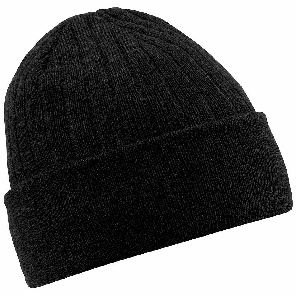 A Beechfield BC447 black knitted beanie featuring a folded brim.