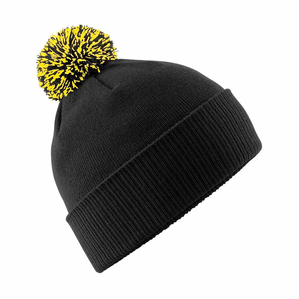 The Beechfield BC450 is a black knit beanie featuring a bright yellow and black pom-pom on top.