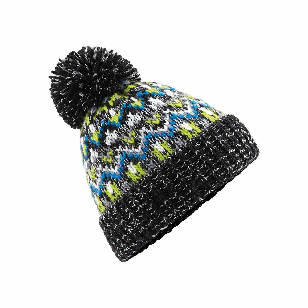 Introducing the BC458 by Beechfield: a knitted beanie adorned with a pom-pom, showcasing a dynamic zigzag pattern in black, blue, green, and white.