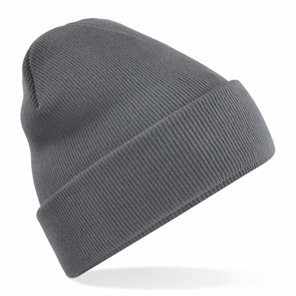 The Beechfield BC45R, a gray knitted beanie, is shown at an angle on a white background. This hat includes a folded brim and features a ribbed texture.