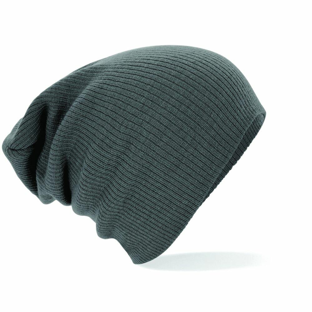 The Beechfield BC461 is highlighted against a white backdrop, featuring its slouchy design and dark gray ribbed texture.