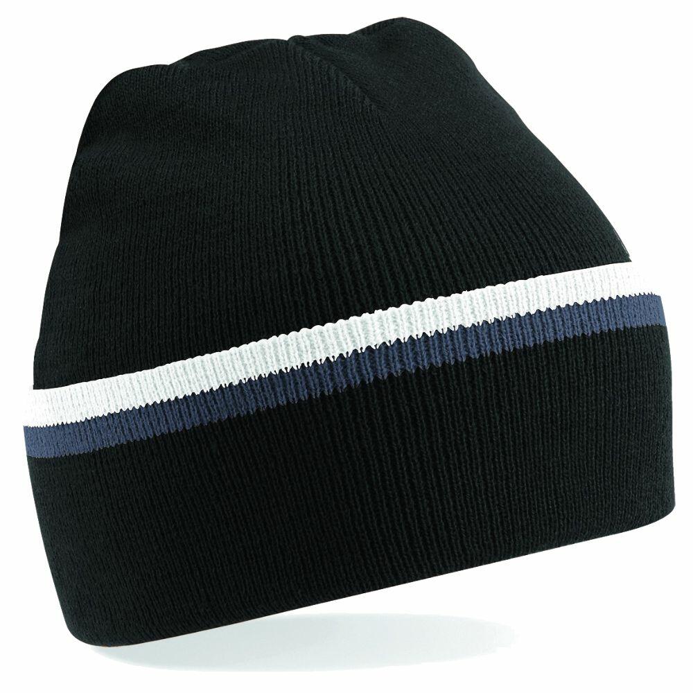 A Beechfield BC471 knit beanie in black, featuring a white and gray horizontal stripe across the middle.