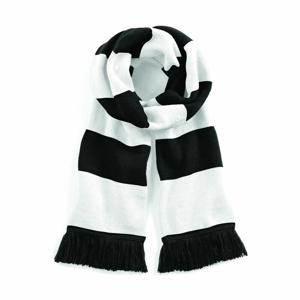 The Beechfield BC479 scarf, featuring black and white stripes with fringed ends, is neatly folded on a white background.