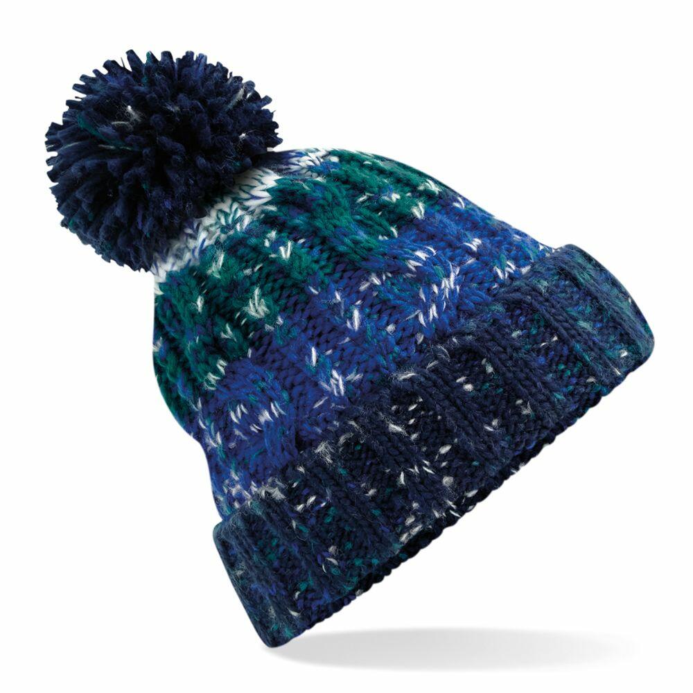 A Beechfield BC486 beanie featuring a knitted pattern in blue and green with a pom-pom and folded brim.