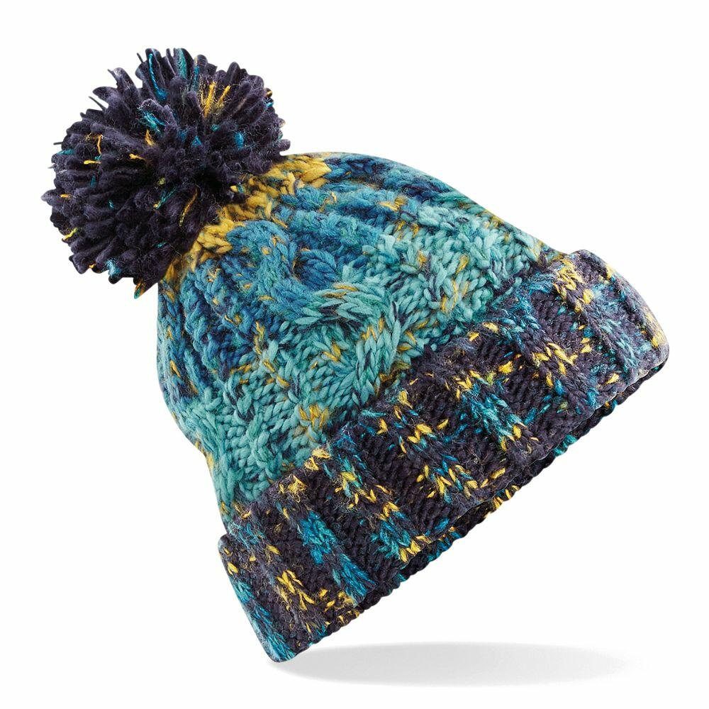 The Beechfield BC486 is a knitted beanie in blue and yellow featuring a pom-pom on top.