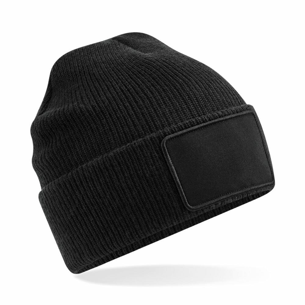Beechfield BC540 black knit beanie with a blank rectangular patch on the front, displayed against a white background.