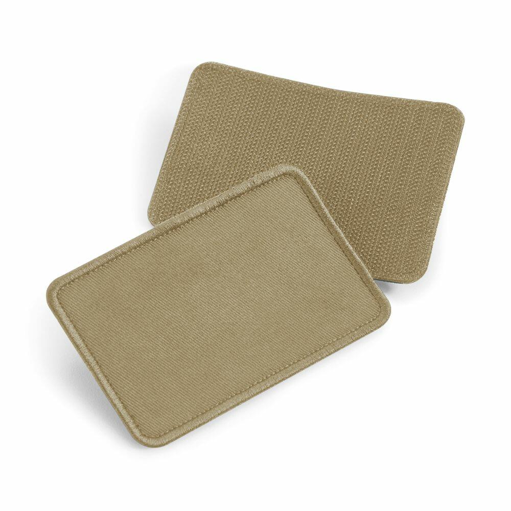 Two rectangular textured khaki fabric patches from Beechfield's BC600 collection, displayed on a white background.