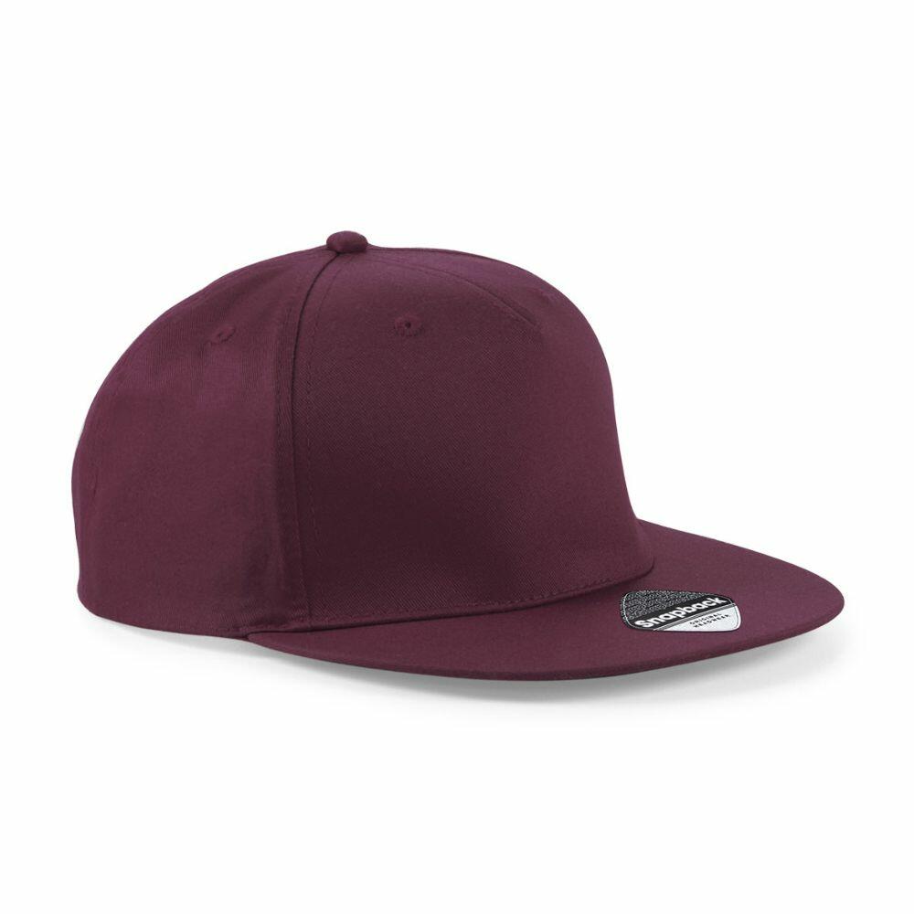 A Beechfield BC610 burgundy flat-brimmed snapback cap with a sticker on the visor.