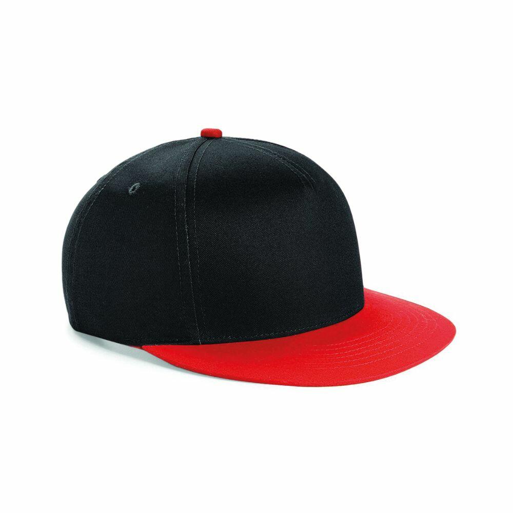 Beechfield's BC615 cap, featuring a black crown and red brim, is styled at an angle.