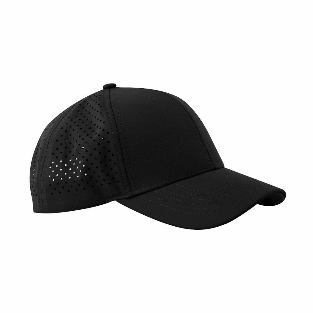 Beechfield B189R black baseball cap featuring perforated side panels, viewed from the front.