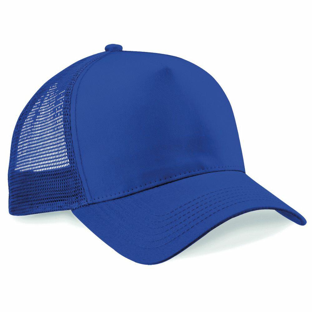 Beechfield's BC640 trucker hat features a solid front panel and a mesh back, with a curved brim and a structured design.