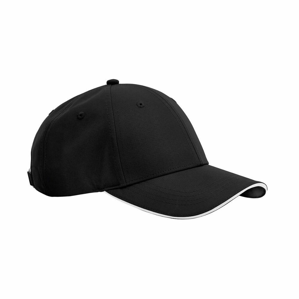 A Beechfield B195R baseball cap in black, featuring a curved visor with white edging.