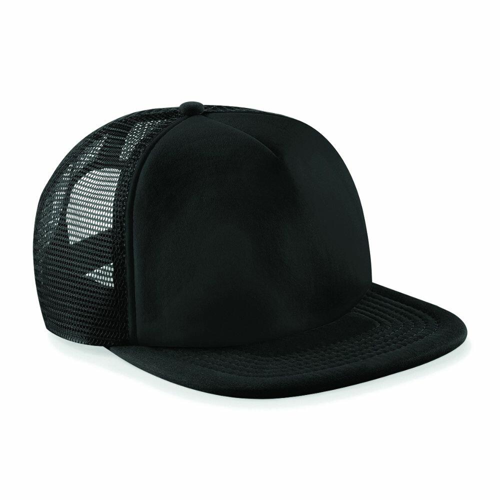 A Beechfield BC645 trucker hat featuring a plain black design with a mesh back and a flat brim.