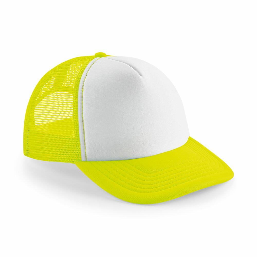 The BC645 by Beechfield is a trucker cap featuring a white front panel, neon yellow accents, a yellow mesh back, and a solid curved brim.