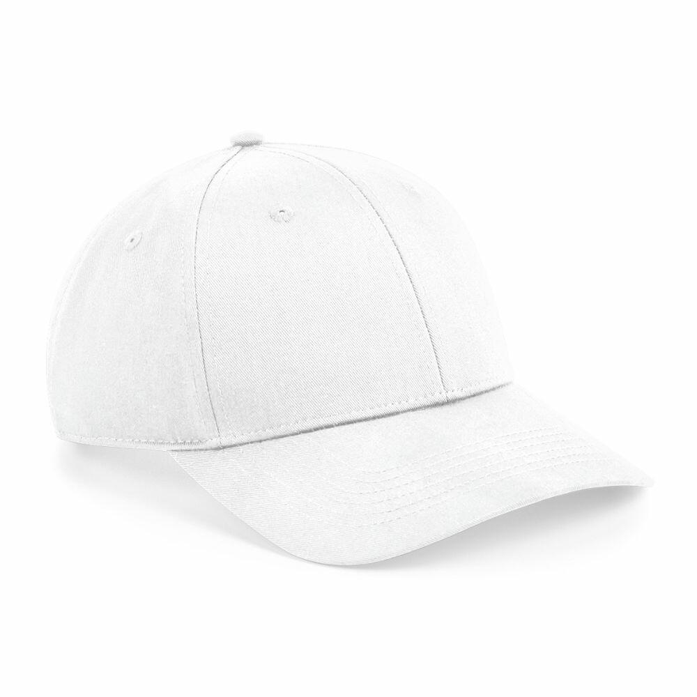 A plain white Beechfield BC648 baseball cap with a curved brim, viewed from a slightly elevated angle. The cap is unadorned and showcases traditional panel stitching and ventilation eyelets.