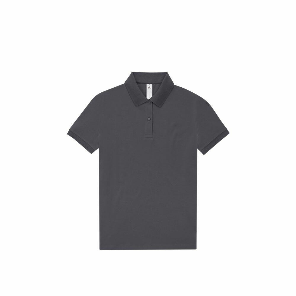 A B263F polo shirt by B&C Collection, featuring a plain dark gray color with short sleeves and a collar, displayed on a white background.