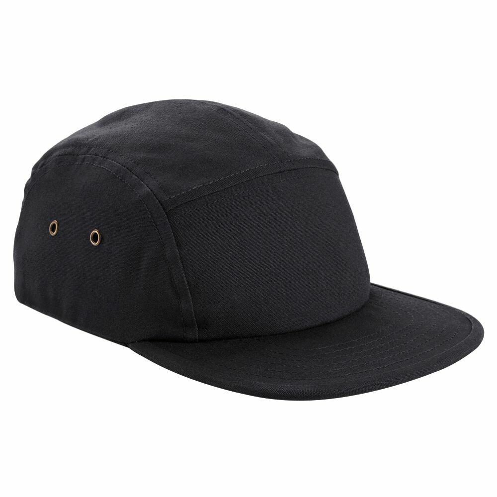 The BC654 by Beechfield is a plain black five-panel cap featuring a flat brim and two metal eyelets on each side.