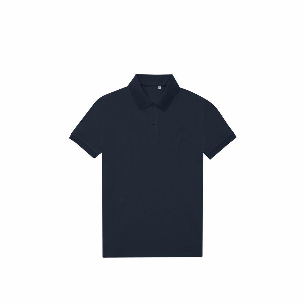 The B&C Collection B265F, a simple black polo shirt featuring short sleeves and a collar, is displayed flat against a white background.