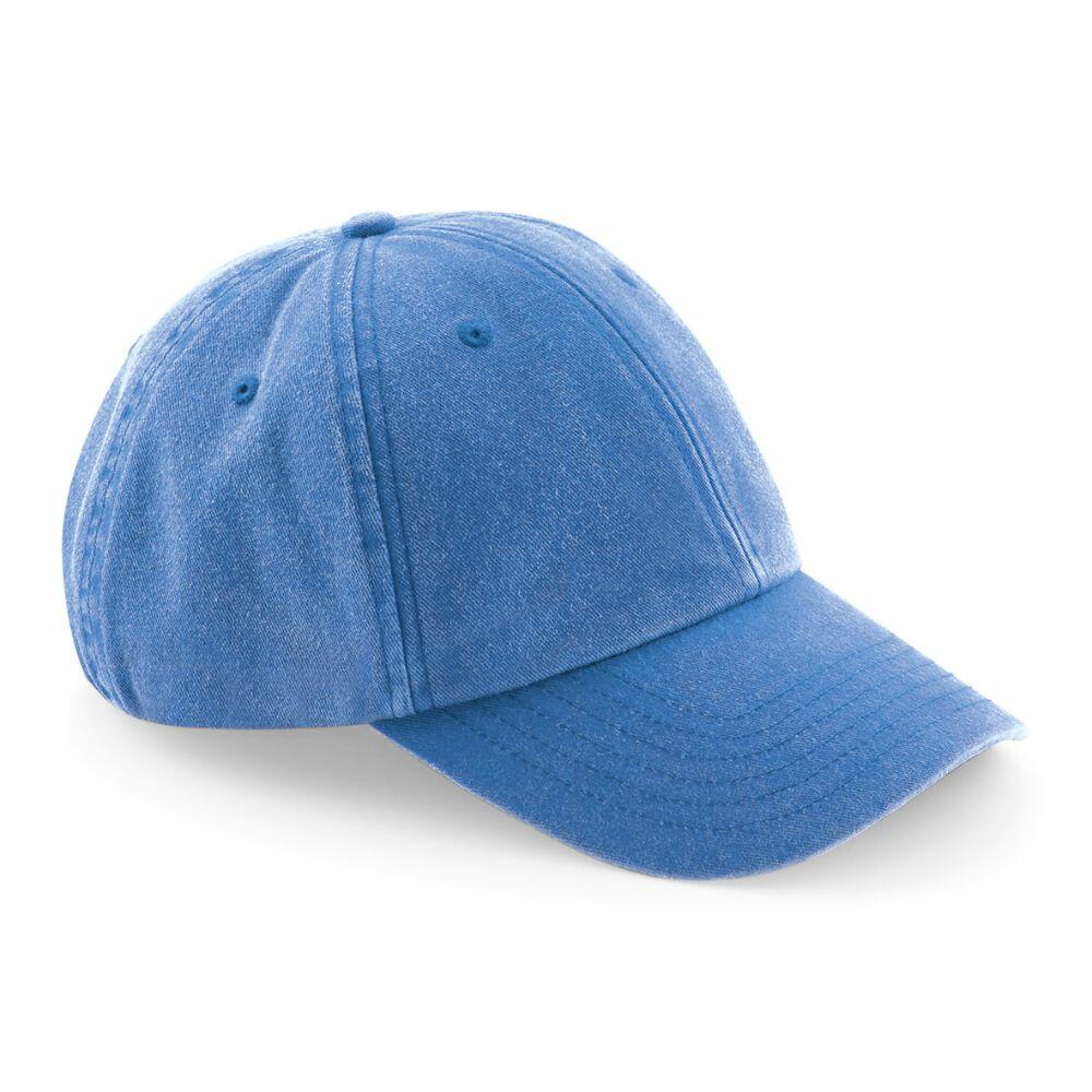 A Beechfield BC655 blue baseball cap displayed at an angle, featuring a curved brim and visible stitching along the panels and seams. The fabric appears soft, and the cap boasts a simple, classic design.