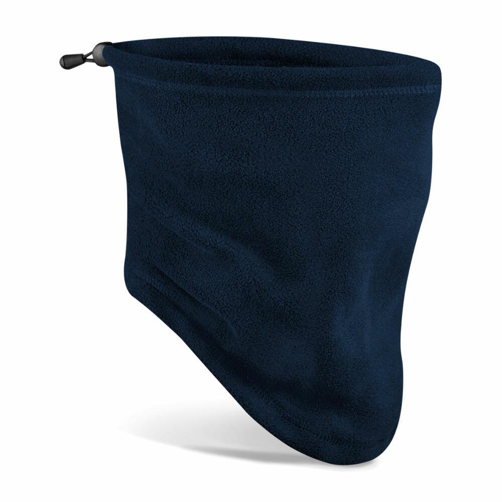A Beechfield B280R navy blue fleece neck gaiter featuring an adjustable drawstring.