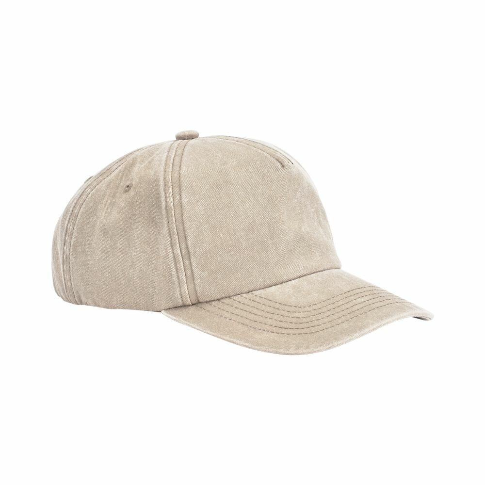 A Beechfield BC657 baseball cap in beige, featuring visible stitching and a curved brim, shown from a side view. The fabric exhibits a subtly worn texture.