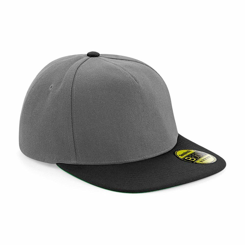 A Beechfield BC660 snapback cap in gray with a black flat brim is set against a plain white background. It includes a sticker on the brim displaying sizing information.