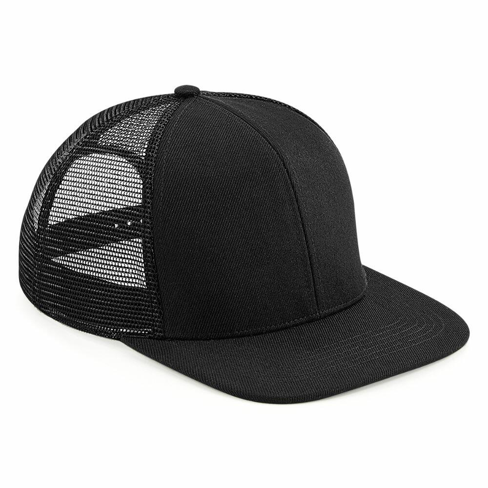 The BC664 by Beechfield is a black trucker cap featuring a flat brim and mesh back panels.