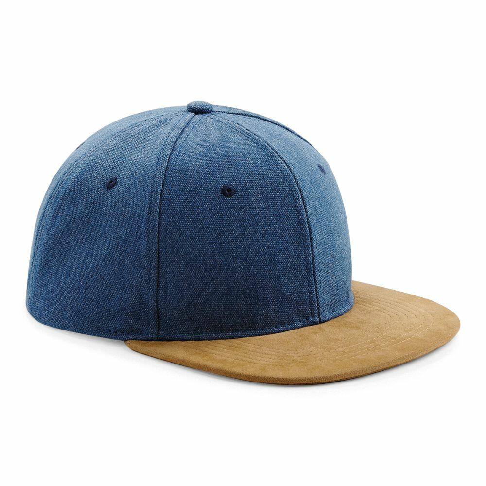 Beechfield BC668 cap featuring a blue crown and a brown suede-like brim.