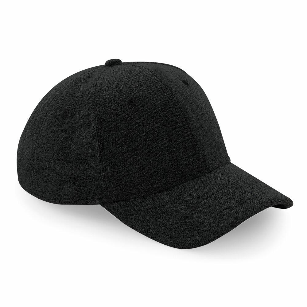The Beechfield BC677 is a plain black baseball cap featuring a curved brim and a button on top, displayed at an angle.