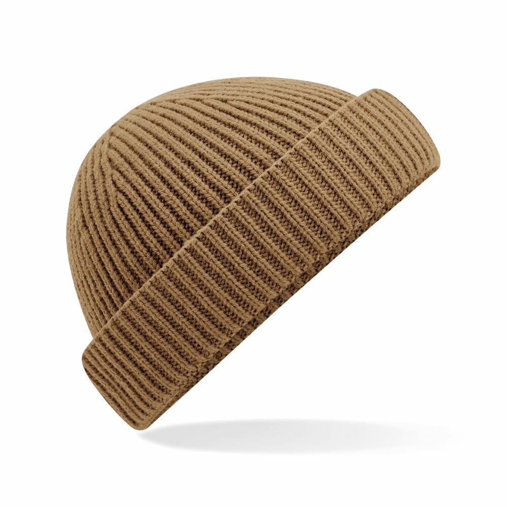 The B383R, a brown knitted beanie from Beechfield, features a folded brim and is showcased against a white background.