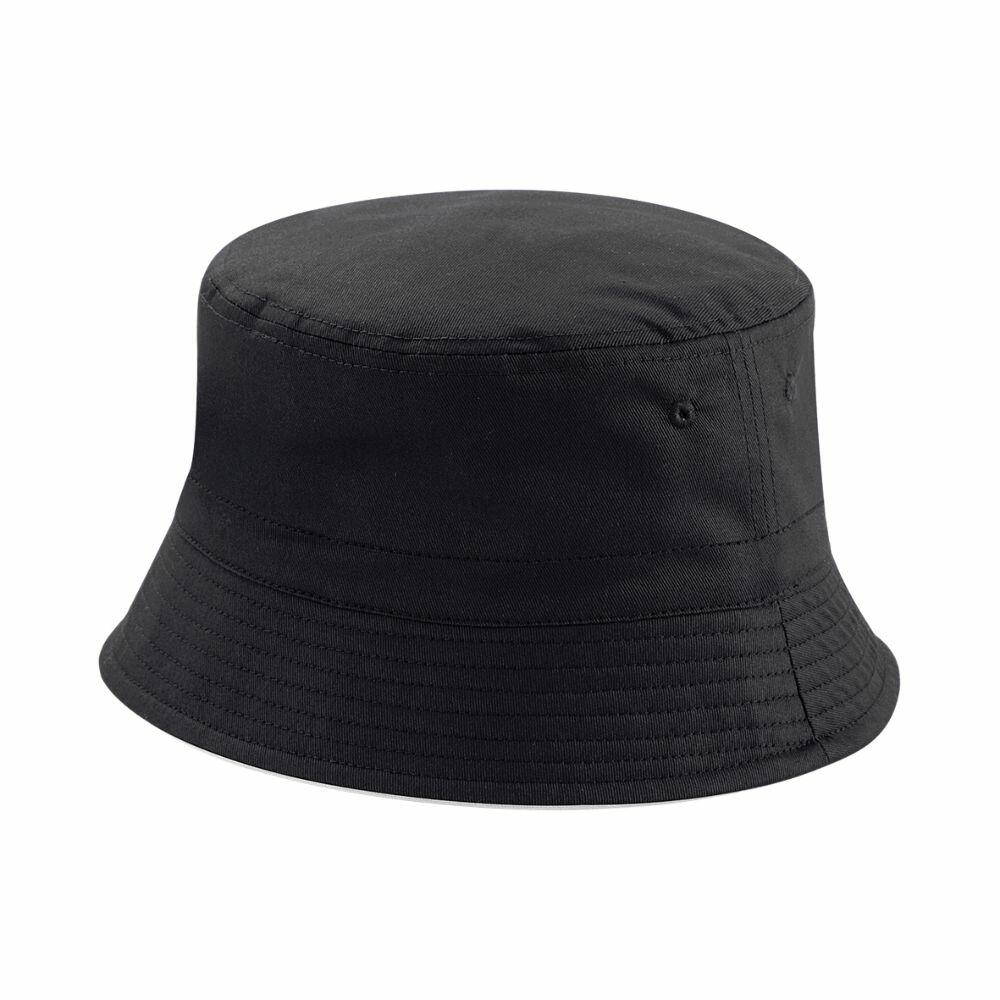 The BC686 by Beechfield is a plain black bucket hat featuring a straightforward design with stitching detail around the brim.