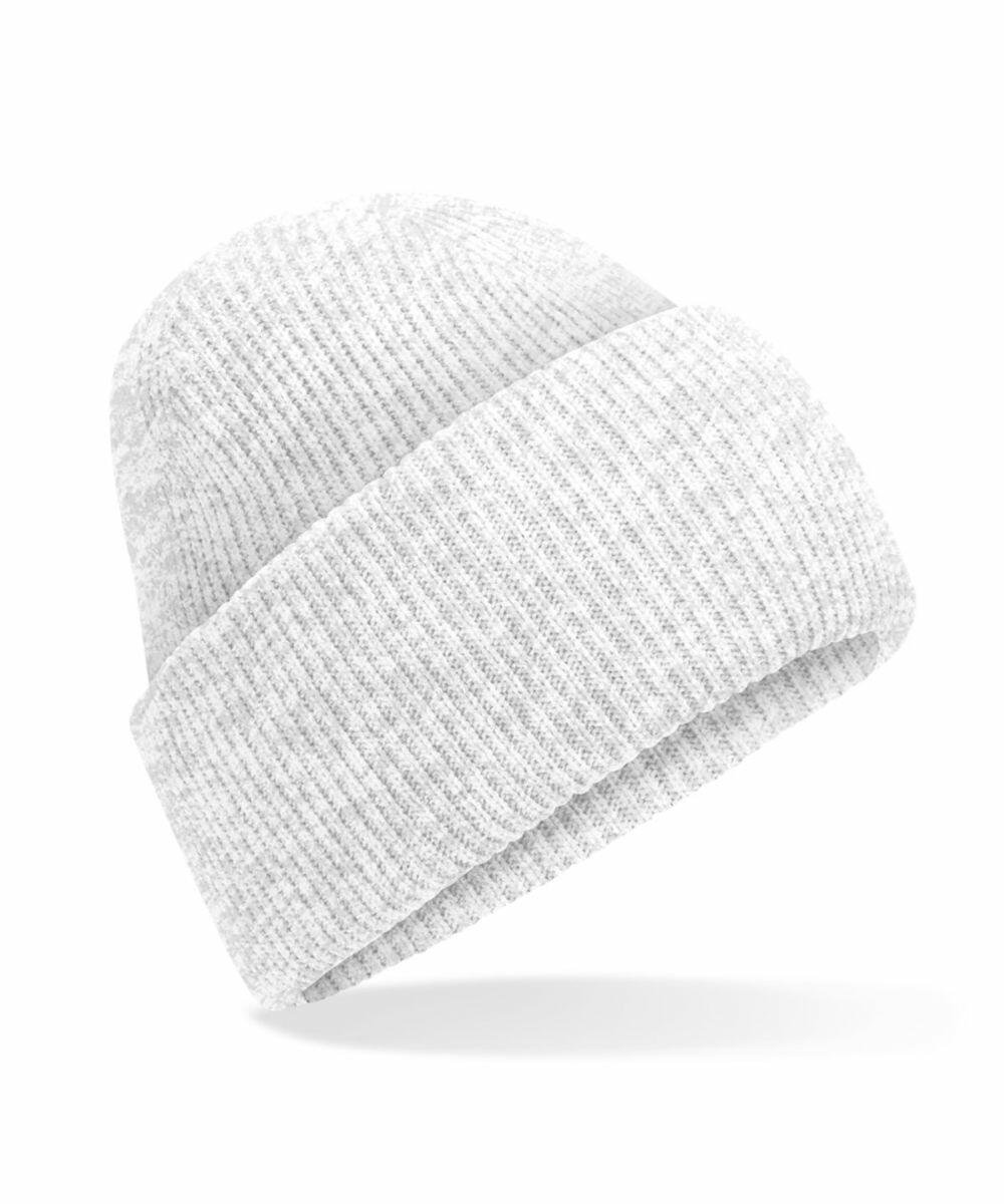 A textured light gray beanie from Beechfield, model B385R, features a folded brim and is showcased against a white background. It is knit in a simple ribbed pattern.