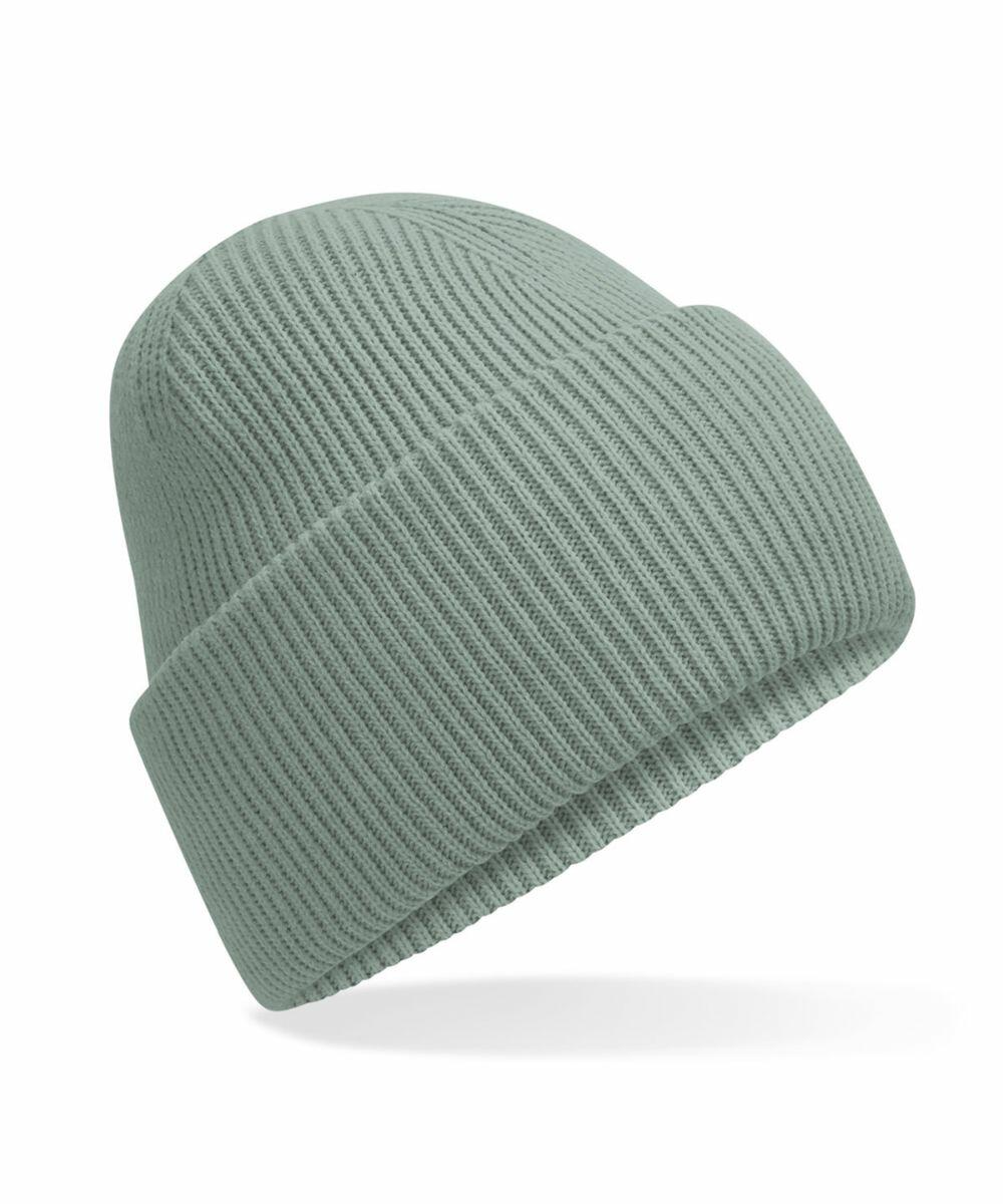 The Beechfield B385R knit beanie in sage green is showcased against a white background. Its ribbed texture and folded brim are clearly visible.