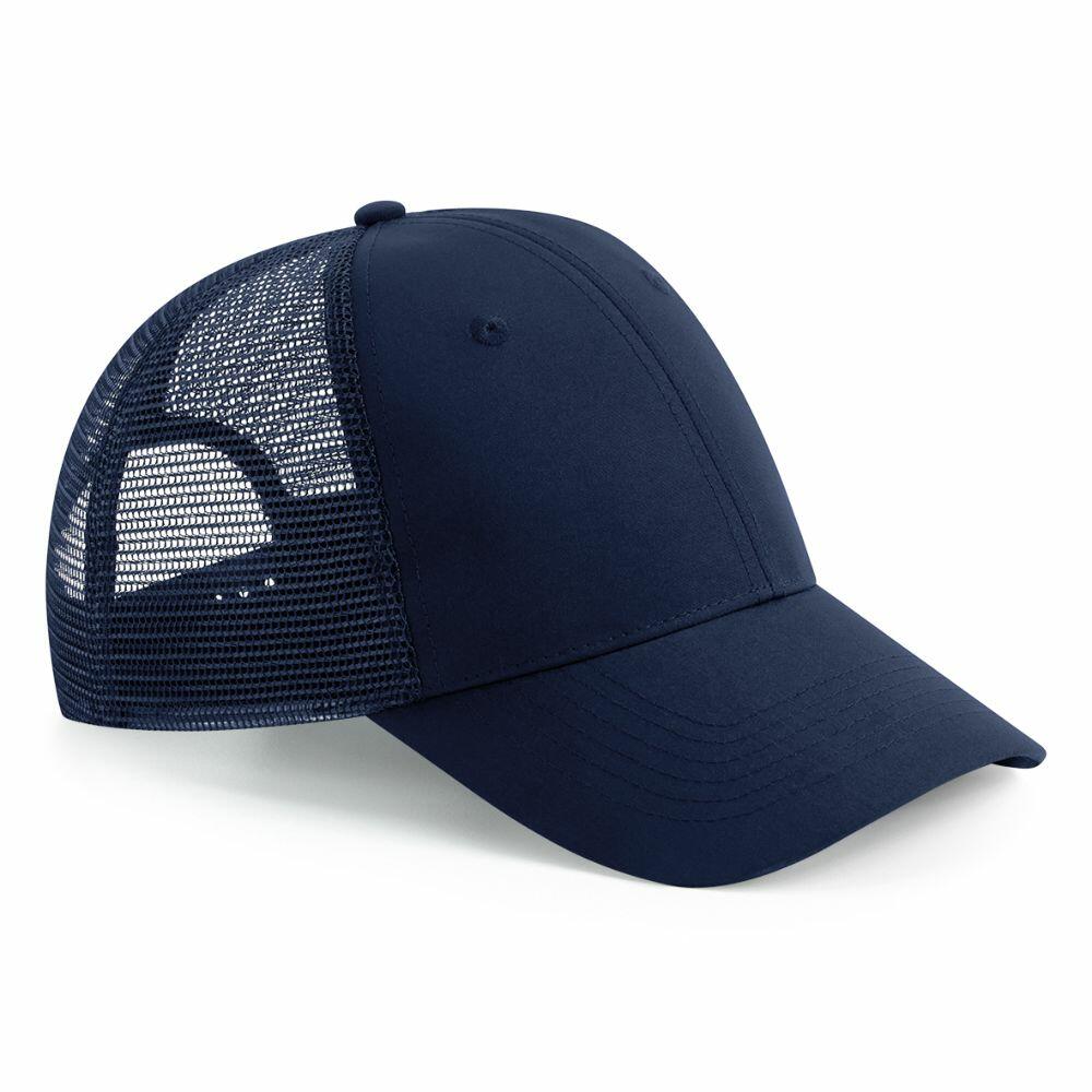 The BC75R by Beechfield is a navy blue trucker cap, featuring a mesh back with a solid front panel and a curved brim.