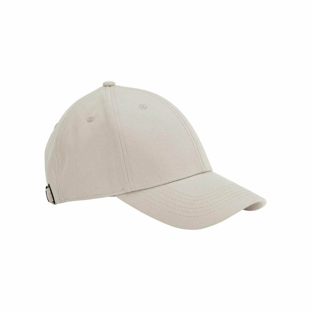The Beechfield BC801 is a plain beige baseball cap featuring a curved brim and an adjustable metal buckle at the back, displayed against a white background.