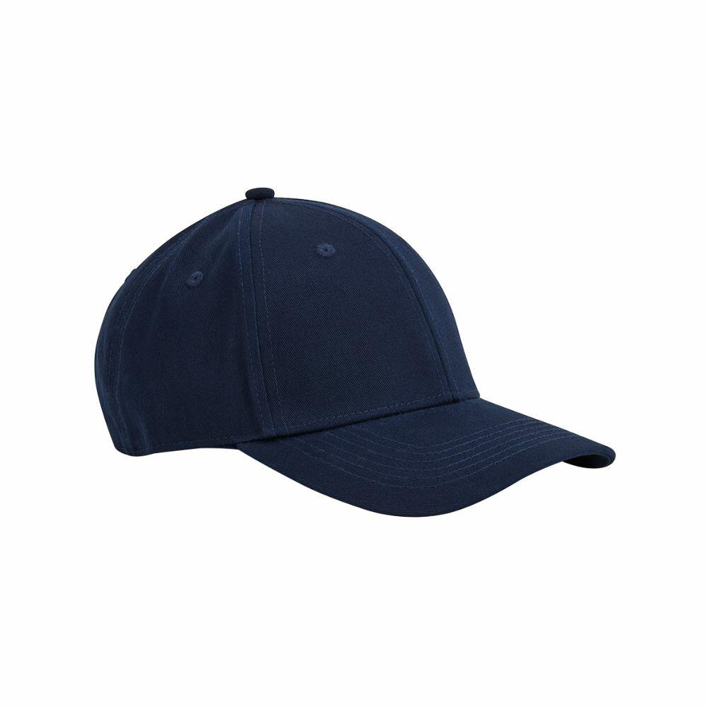 The Beechfield BC820 features a navy blue baseball cap with a curved brim and a button on top, showcased against a white background.